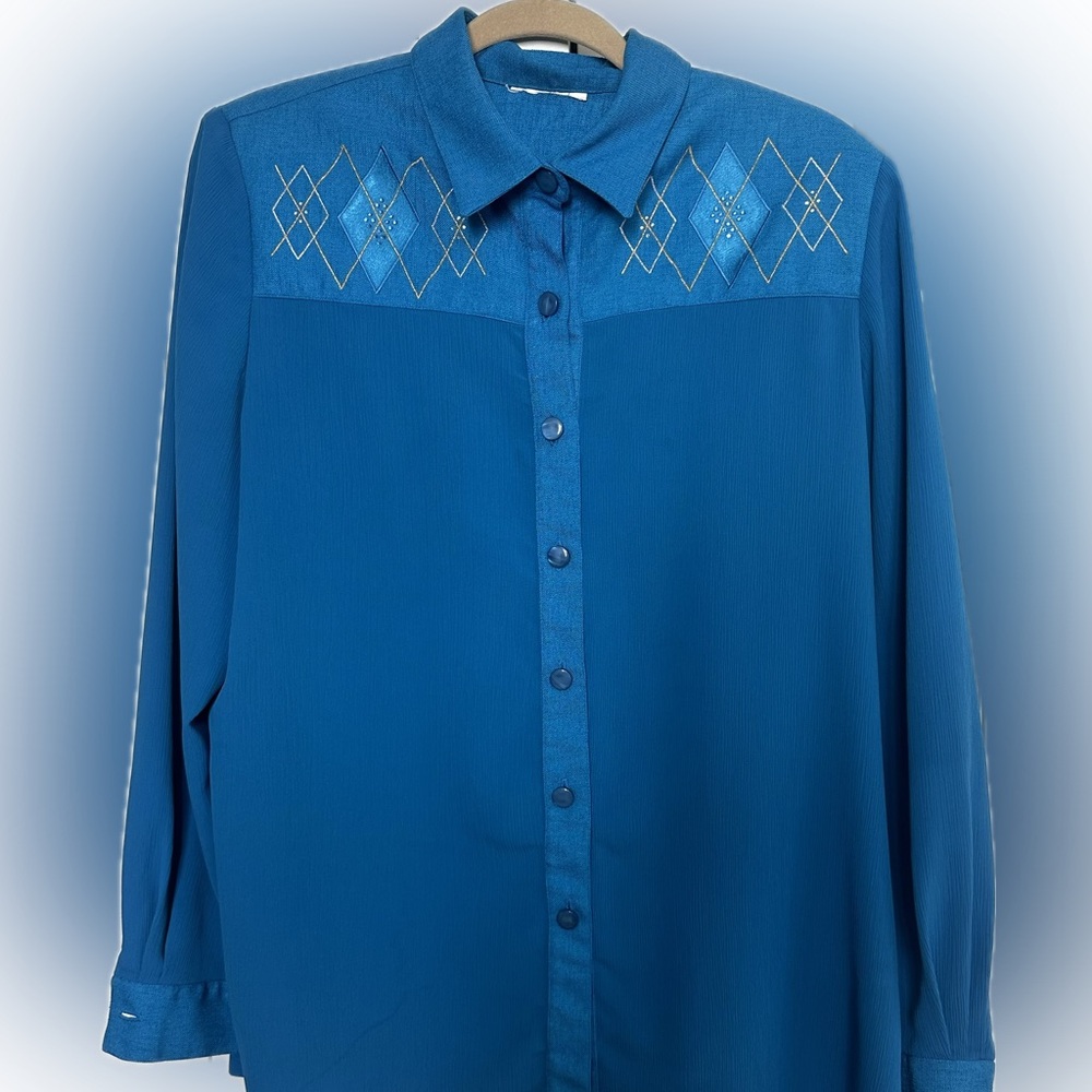 Blue vintage button up with gold embroidery